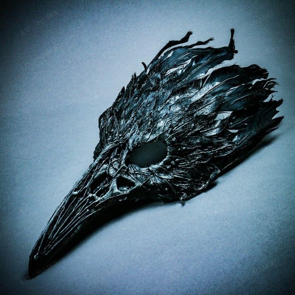 Black Raven Skull Nose w/ Feather Halloween Mask - Picture 6 of 10
